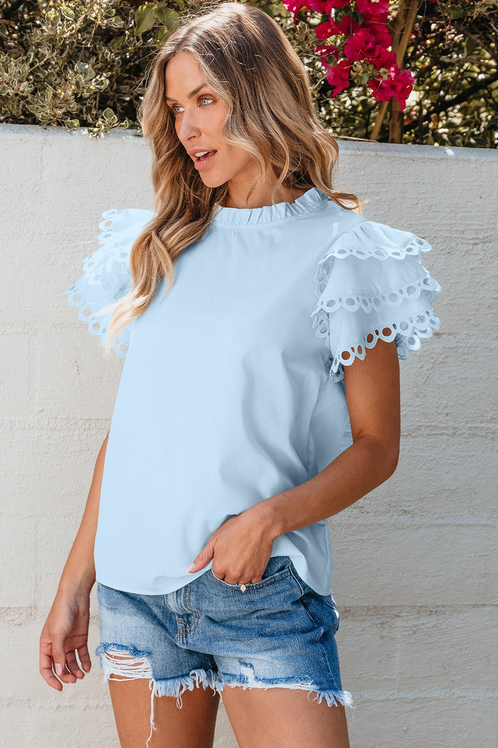 Ruffled Eyelet High Neck Cap Sleeve Blouse