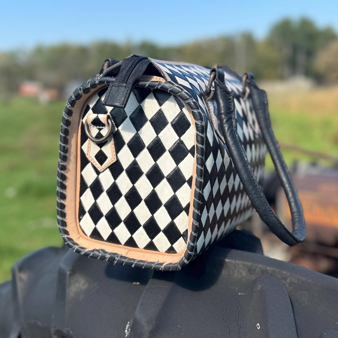 Black and White Speedy Checkered Genuine Western Cowhide Leather Purse Double B Wild Rags