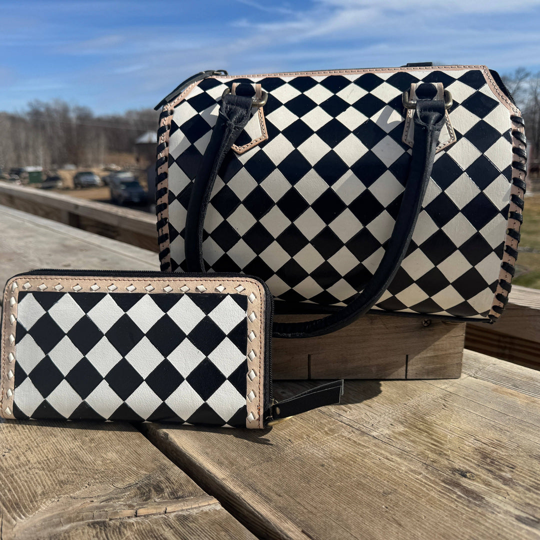Black and White Speedy Checkered Genuine Western Cowhide Leather Purse Double B Wild Rags