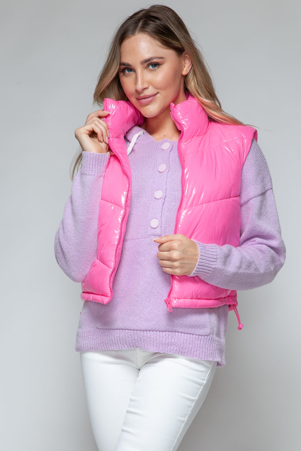 Shiny Neon Pink Zip Up Turtleneck Quilted Vest