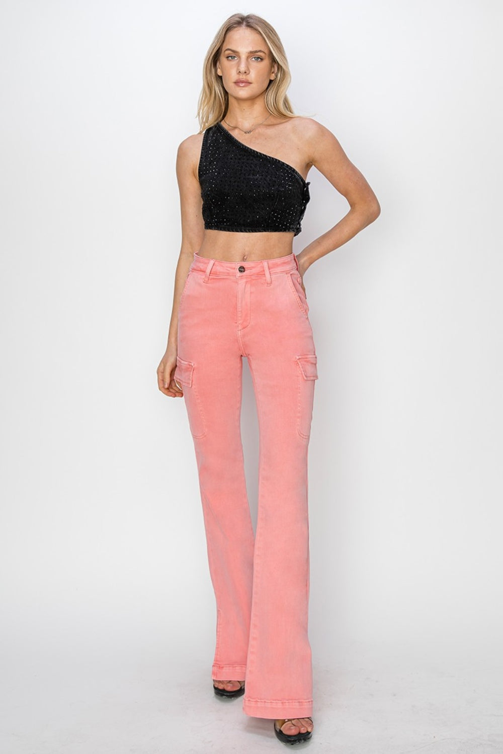 Flamingo Risen Full Size High Rise Side Slit Cargo Bootcut Jeans