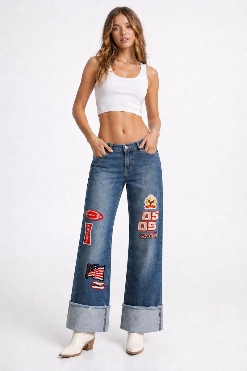 Classic Rebel Denim Low Rise Wide Leg Cuffed Jean GJG DENIM