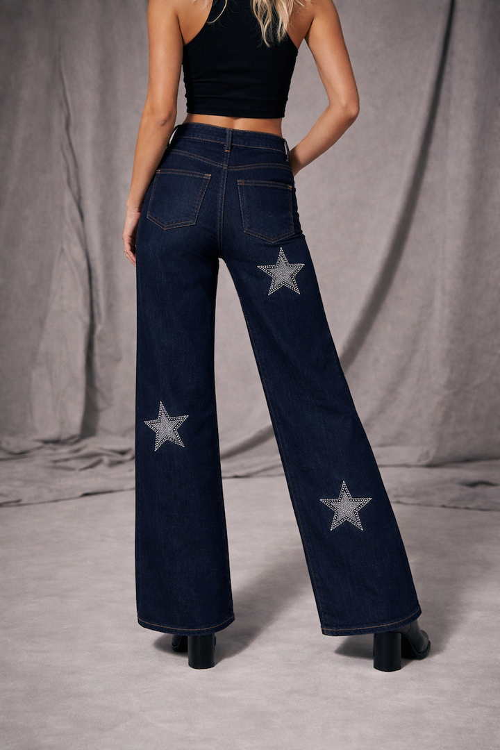 Star Rhinestones Wide Leg Jea GJG DENIM