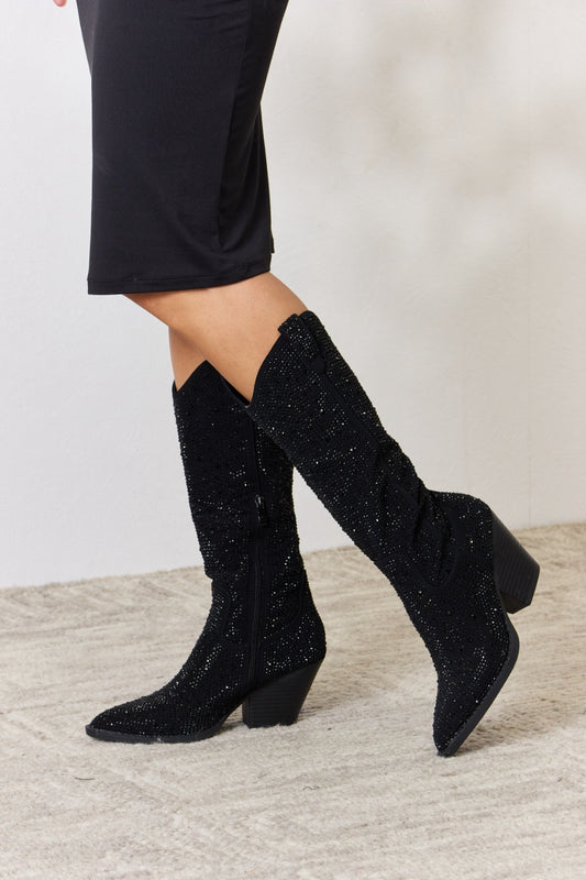 Rhinestone Knee High Cowgirl Boots -Black