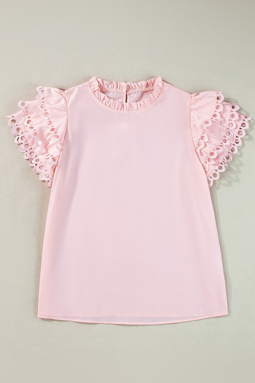 Ruffled Eyelet High Neck Cap Sleeve Blouse