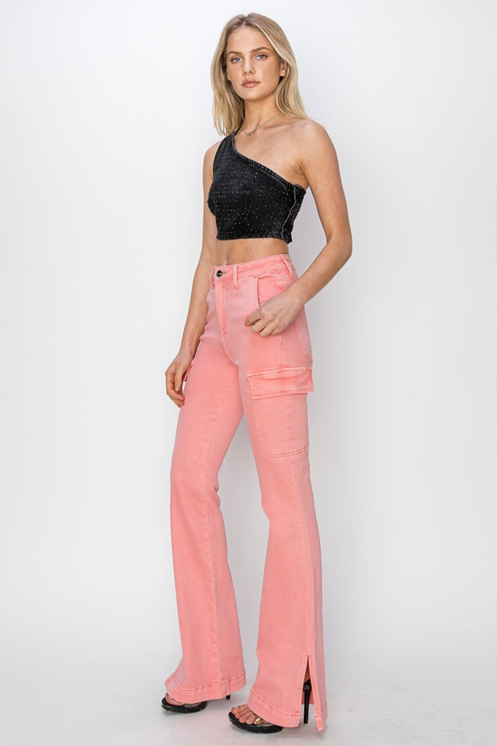 Flamingo Risen Full Size High Rise Side Slit Cargo Bootcut Jeans