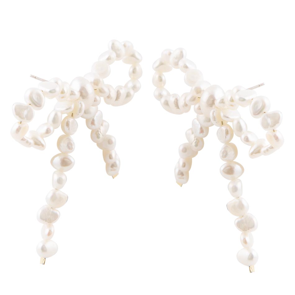 Freshwater White Pearl Bow Post Earrings