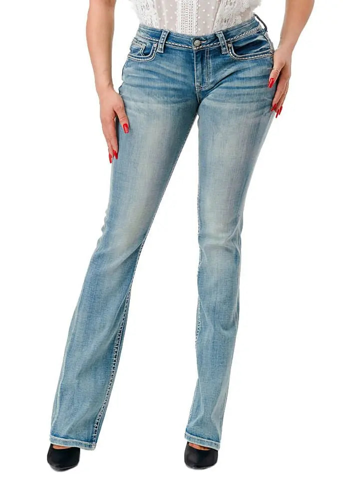 Grace in LA Women's Western 3D Steer Head Mid Rise Bootcut Jeans Jeffers