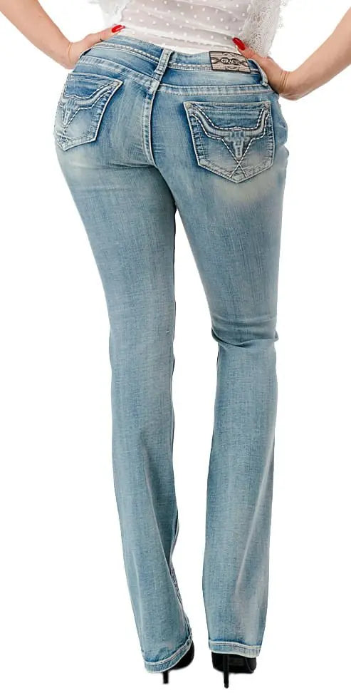 Grace in LA Women's Western 3D Steer Head Mid Rise Bootcut Jeans Jeffers
