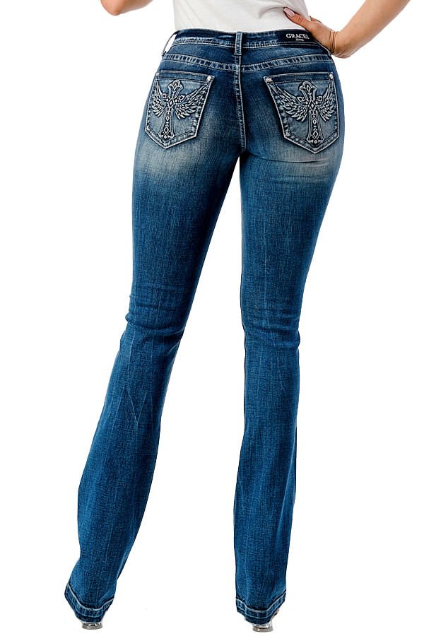 Grace in LA Women's Western 3D Wing Mid Rise Bootcut Jeans Jeffers
