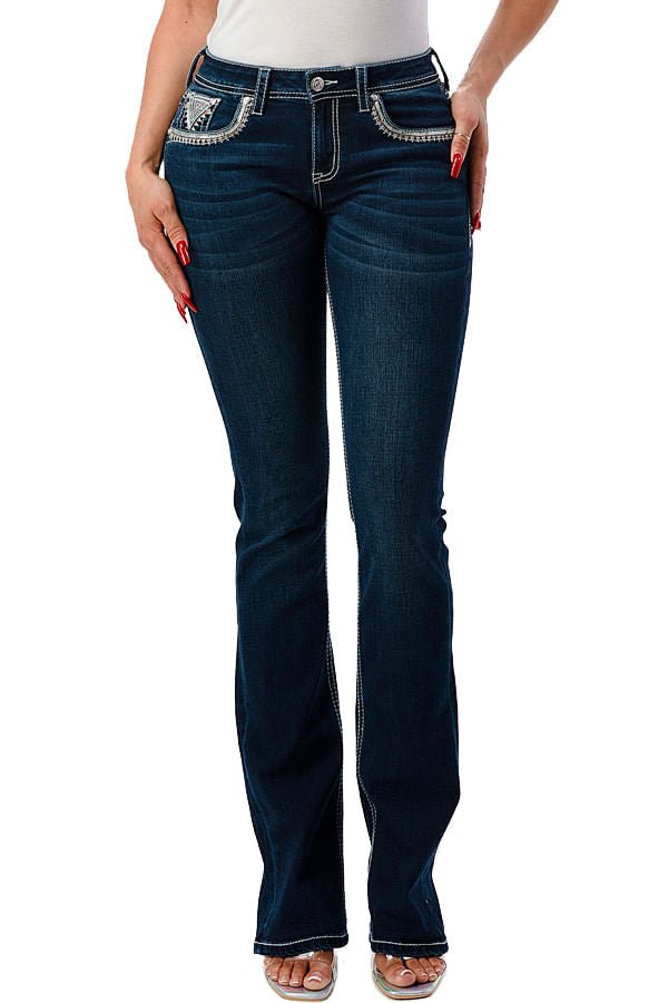 Grace in LA Women's Western Aztec Embellished Mid Rise Bootcut Jeans Jeffers