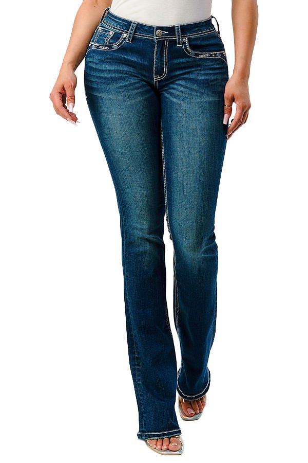 Grace in LA Women's Western Aztec Embroidered Mid Rise Bootcut Jeans Jeffers