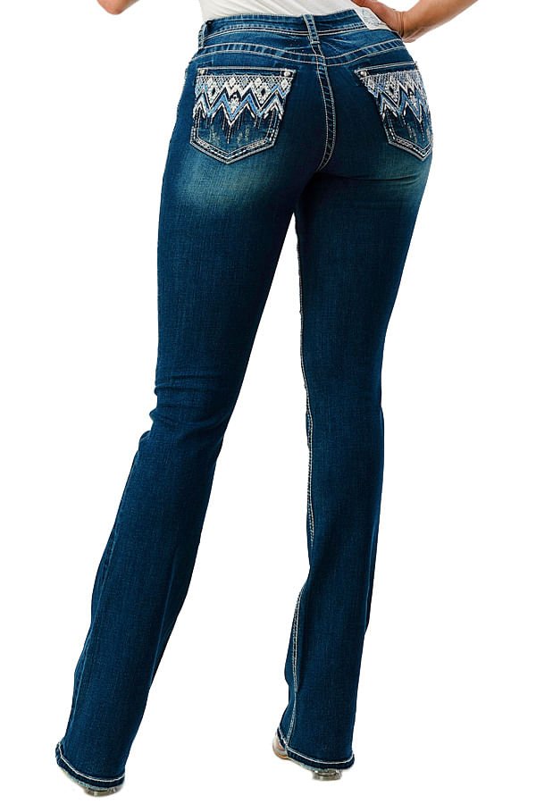 Grace in LA Women's Western Aztec Embroidered Mid Rise Bootcut Jeans Jeffers