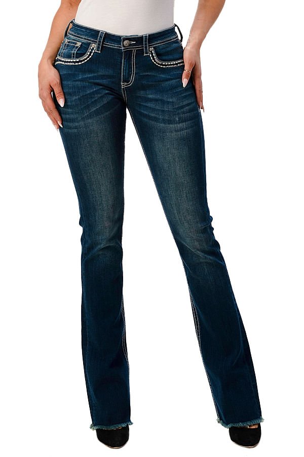 Grace in LA Women's Western Floral Steer Head Embellished Mid Rise Bootcut Jeans Jeffers