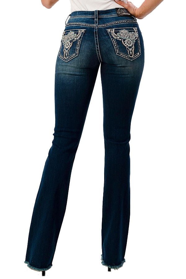 Grace in LA Women's Western Floral Steer Head Embellished Mid Rise Bootcut Jeans Jeffers