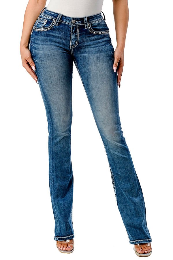 Grace in LA Women's Western Steer Head Embroidered Mid Rise Bootcut Jeans Jeffers