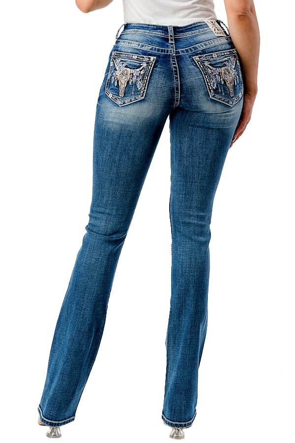 Grace in LA Women's Western Steer Head Embroidered Mid Rise Bootcut Jeans Jeffers