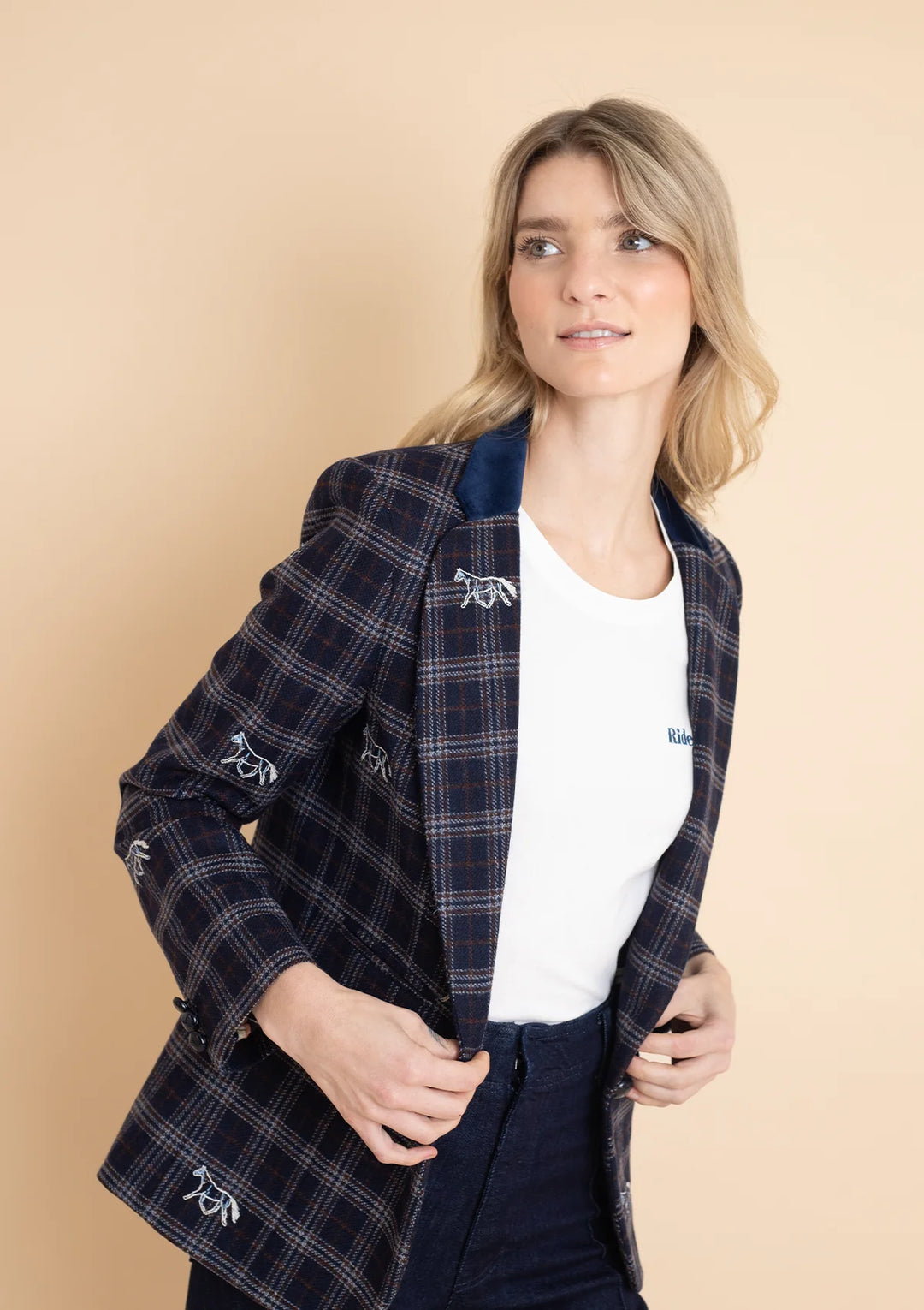 Cavaletti Blazer | Embroidered Italian Wool | Navy Plaid