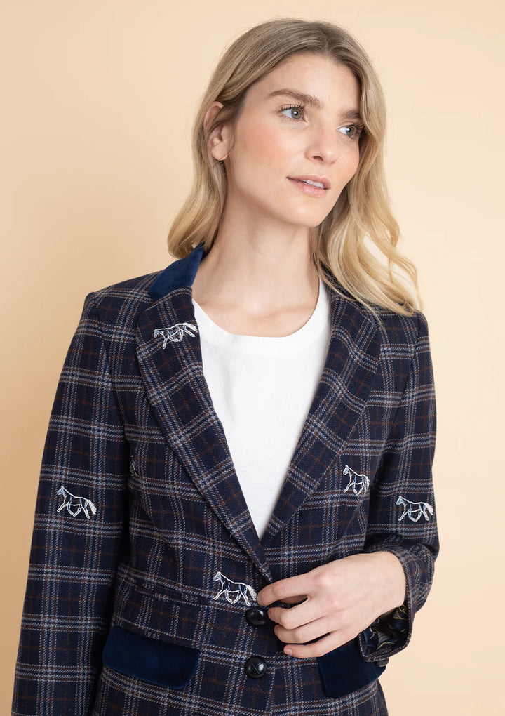 Cavaletti Blazer | Embroidered Italian Wool | Navy Plaid