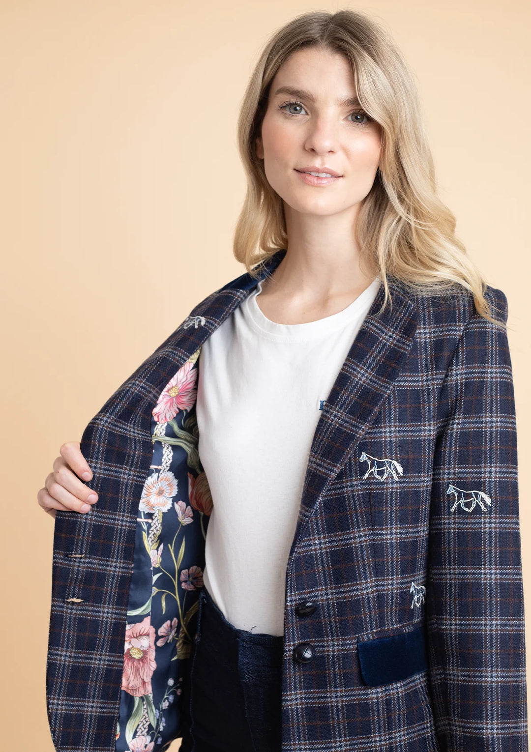 Cavaletti Blazer | Embroidered Italian Wool | Navy Plaid