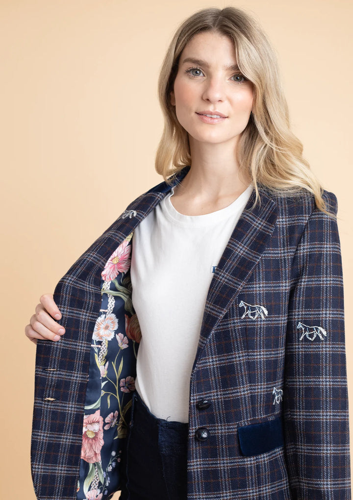 Cavaletti Blazer | Embroidered Italian Wool | Navy Plaid