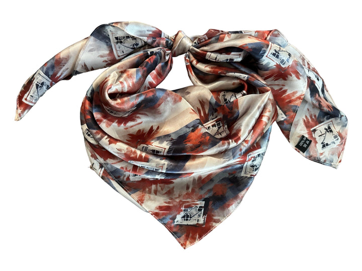 Silk Wild Rag -Navy Blue Copper Ivory Watercolor Tribal Print