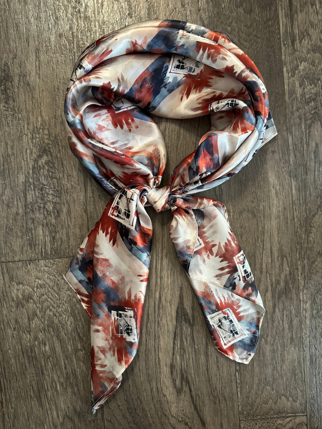 Silk Wild Rag -Navy Blue Copper Ivory Watercolor Tribal Print