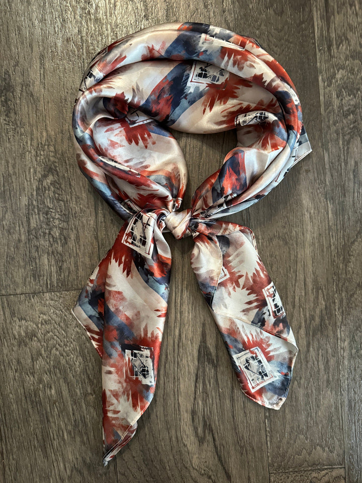 Silk Wild Rag -Navy Blue Copper Ivory Watercolor Tribal Print