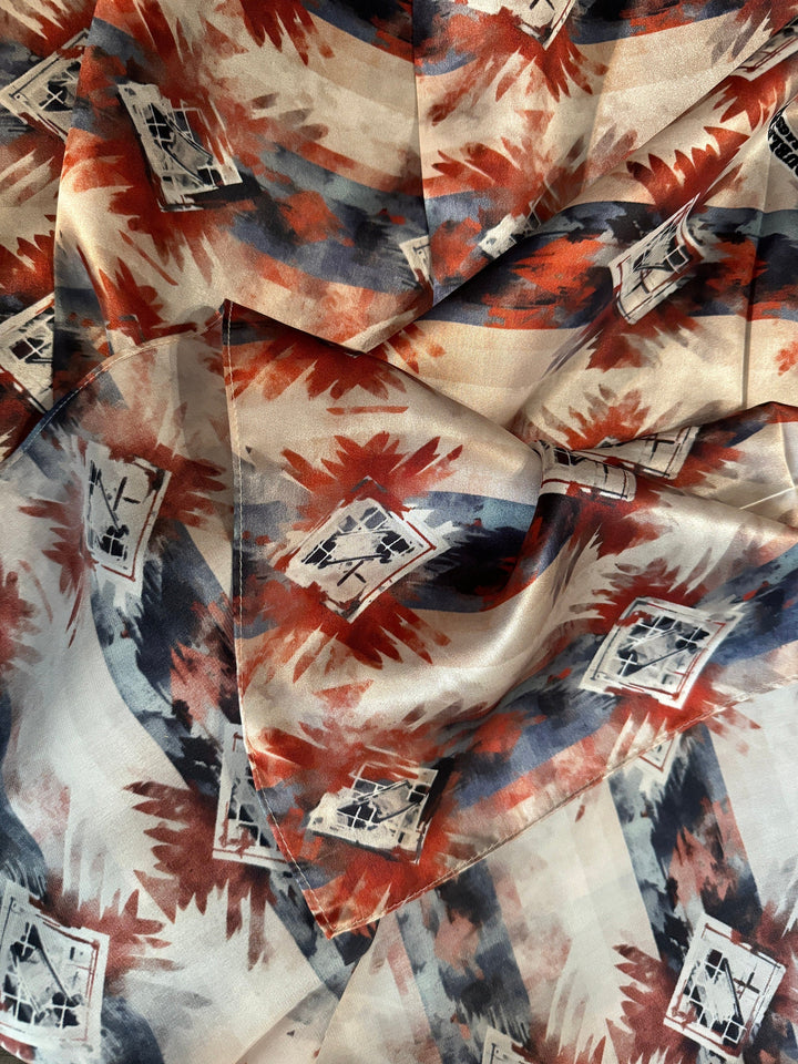 Silk Wild Rag -Navy Blue Copper Ivory Watercolor Tribal Print