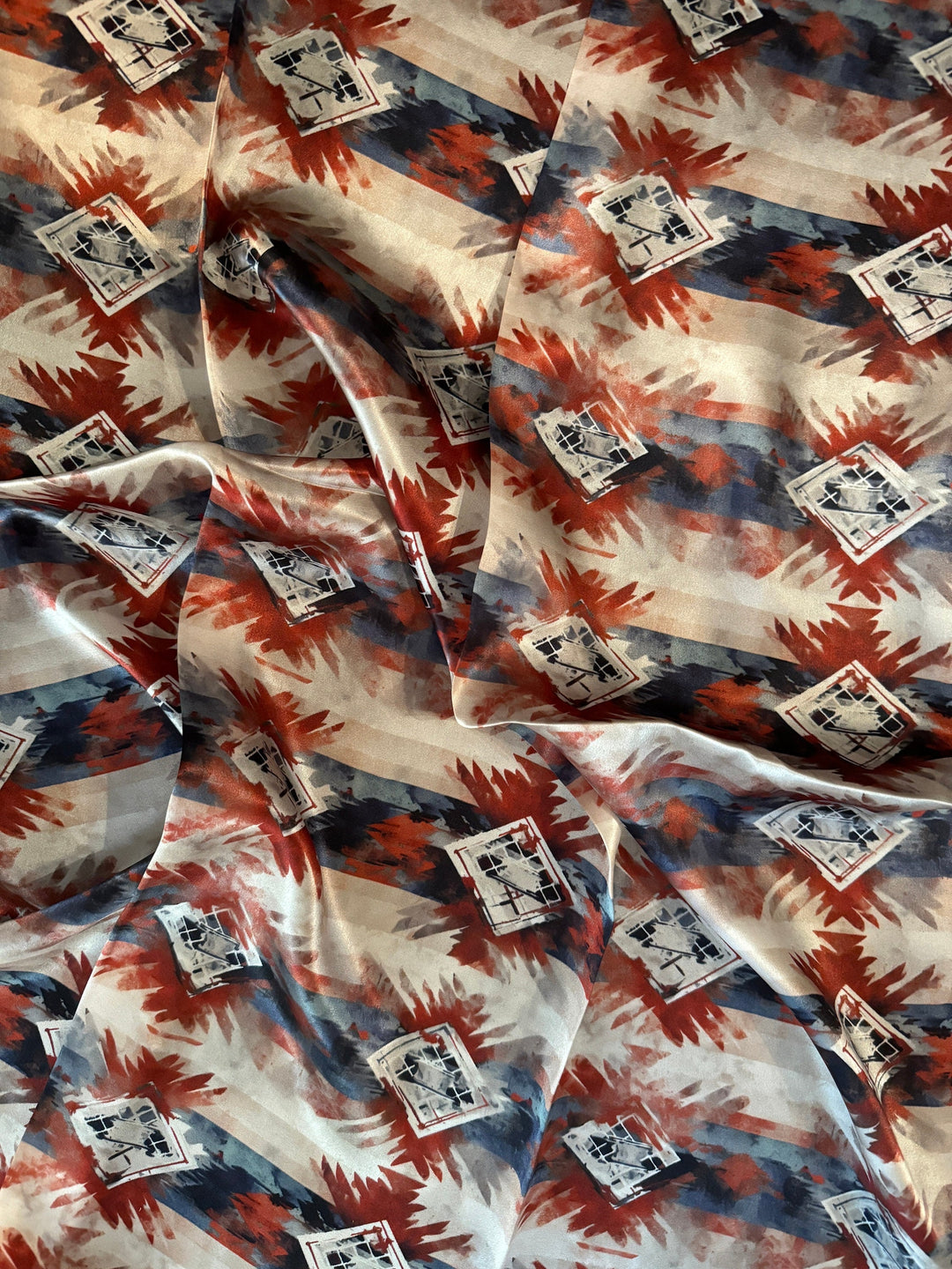 Silk Wild Rag -Navy Blue Copper Ivory Watercolor Tribal Print