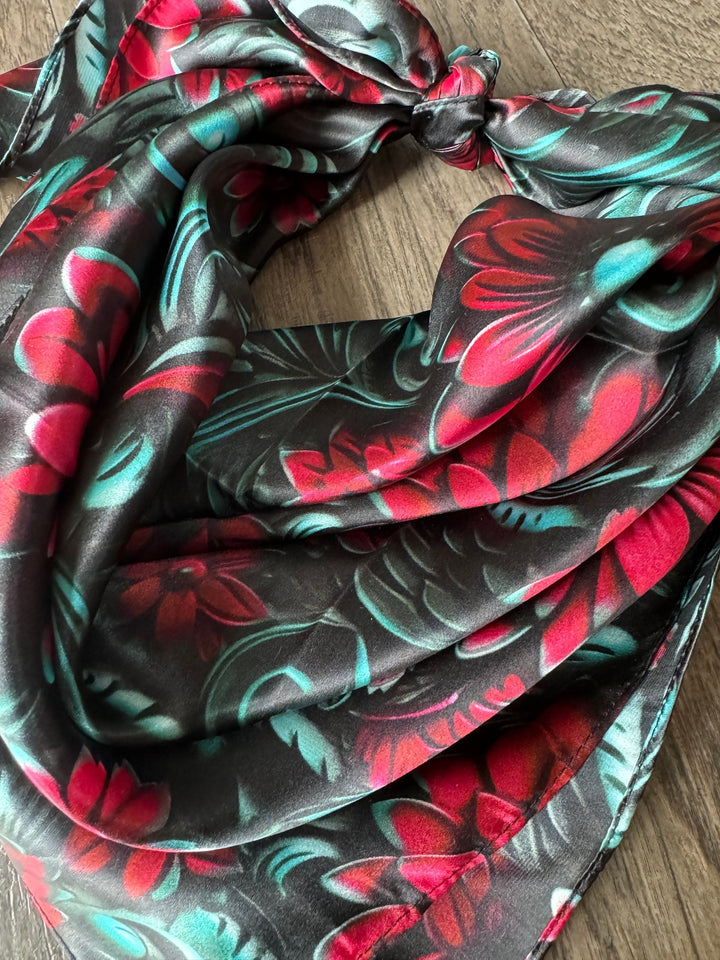 Silk Wild Rag -Cranberry Red and Teal Floral