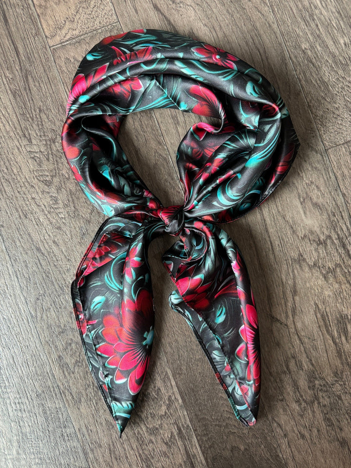 Silk Wild Rag -Cranberry Red and Teal Floral