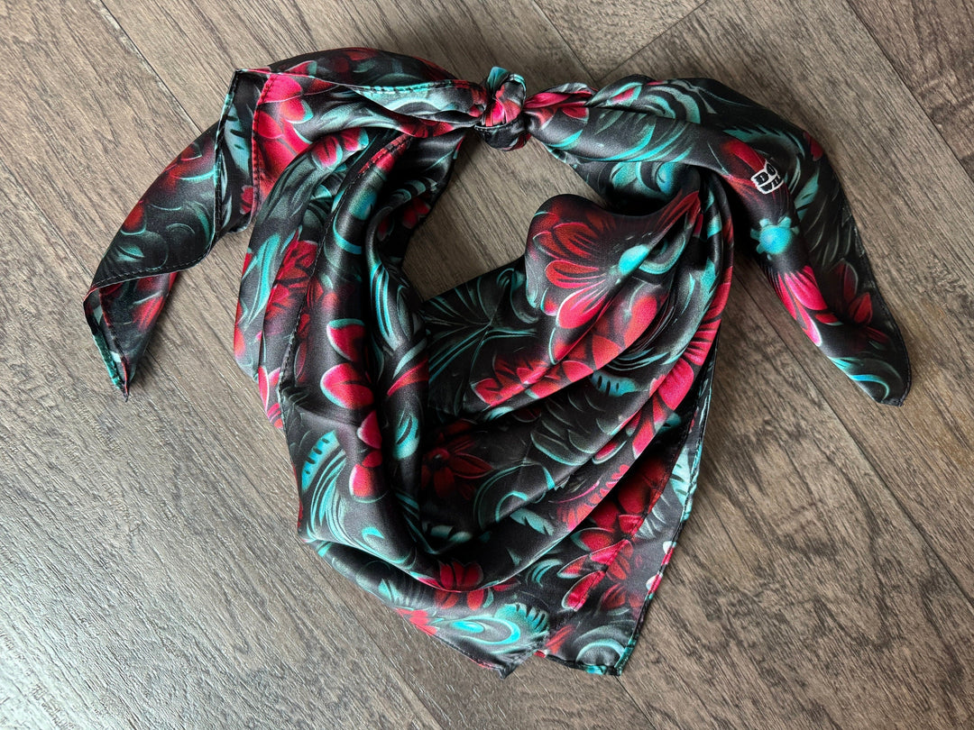 Silk Wild Rag -Cranberry Red and Teal Floral