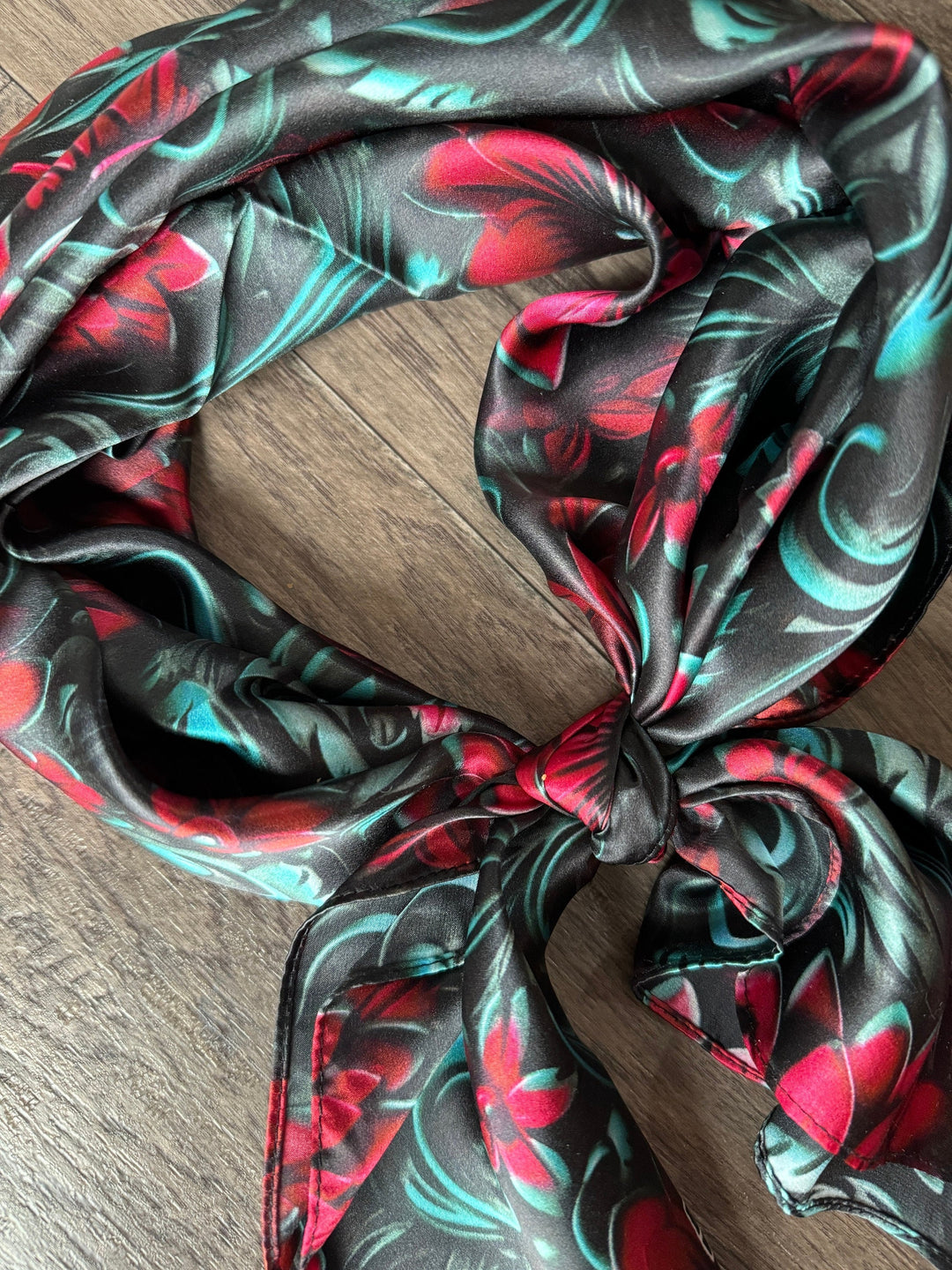 Silk Wild Rag -Cranberry Red and Teal Floral