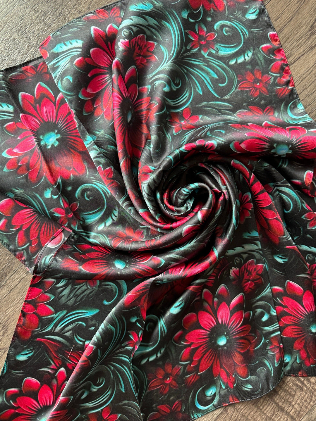 Silk Wild Rag -Cranberry Red and Teal Floral