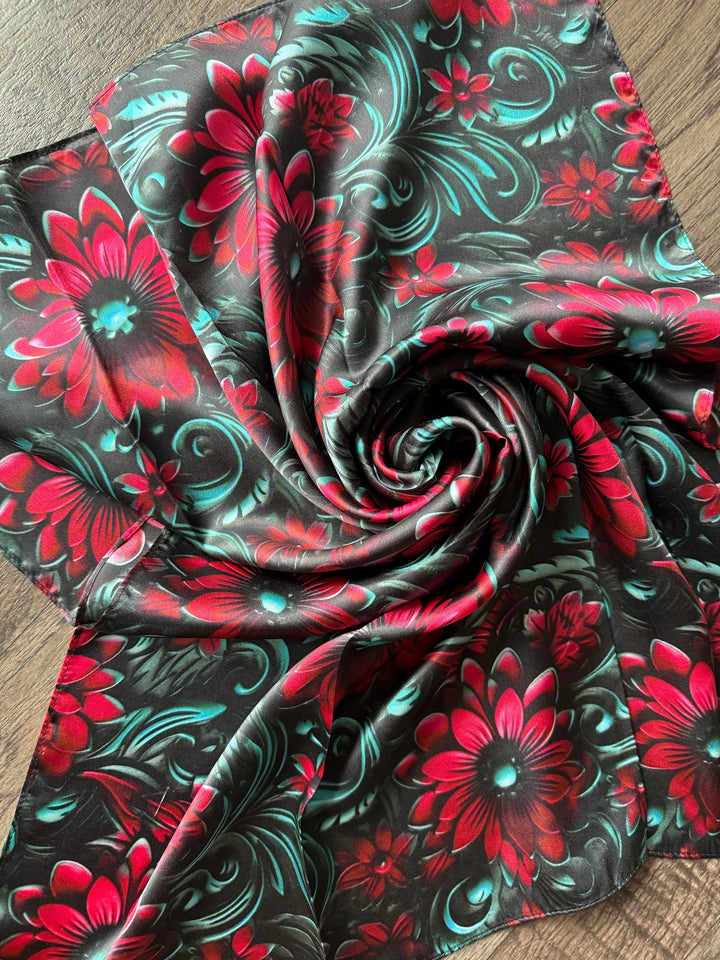 Silk Wild Rag -Cranberry Red and Teal Floral