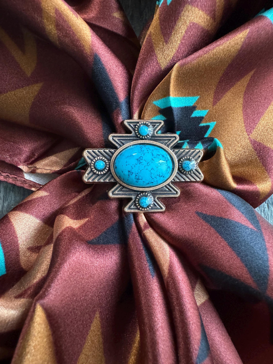 Silk Wild Rag -Chestnut and Turquoise Aztec Native Tribal