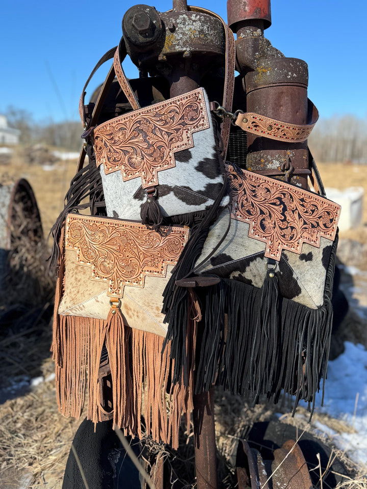 Genuine Western Tooled Leather & Cowhide Fringe Leather Purse and Wallet