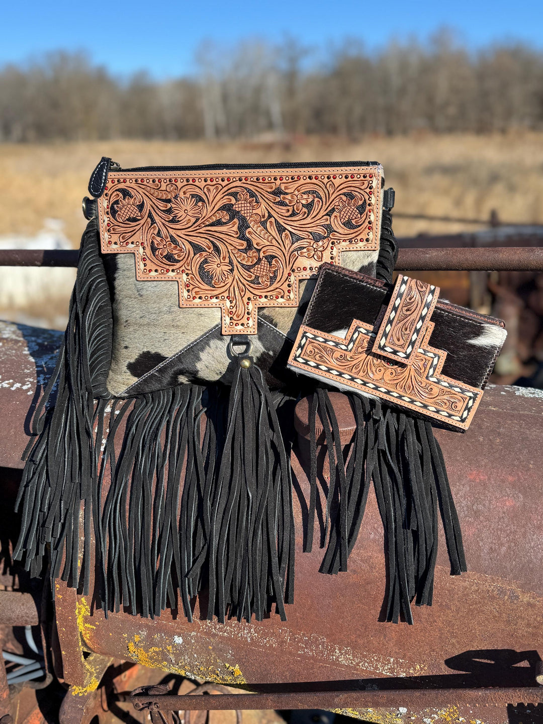 Genuine Western Tooled Leather & Cowhide Fringe Leather Purse and Wallet