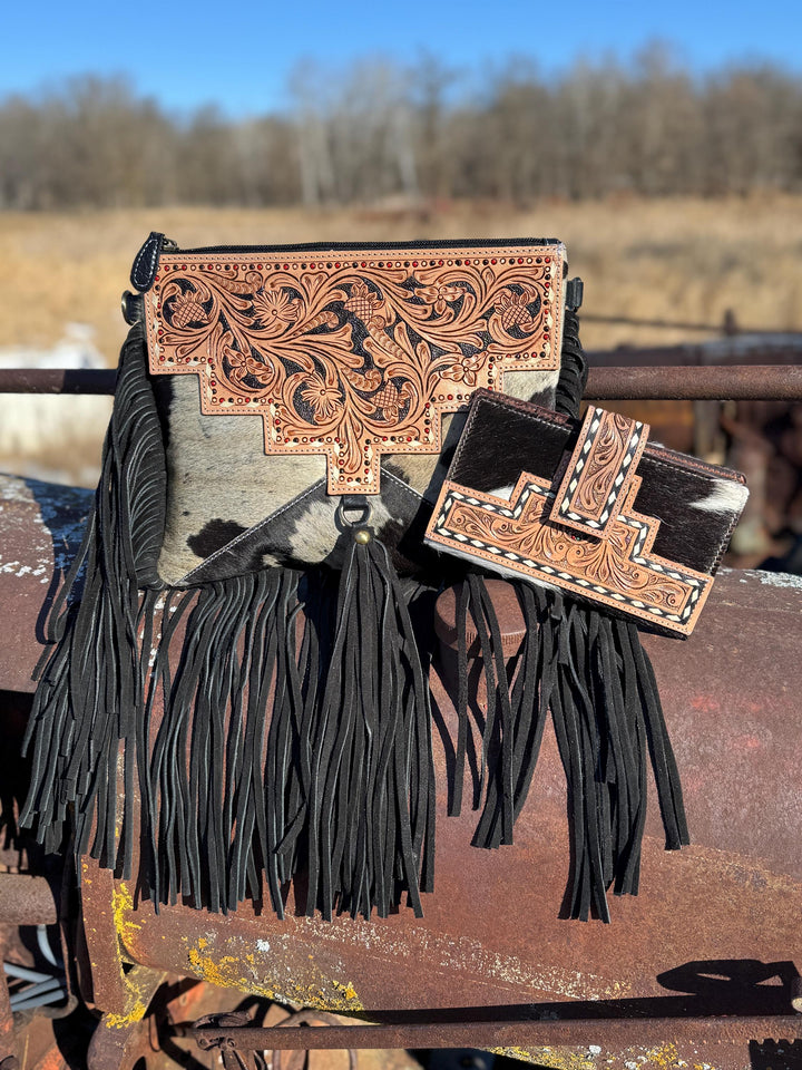 Genuine Western Tooled Leather & Cowhide Fringe Leather Purse and Wallet