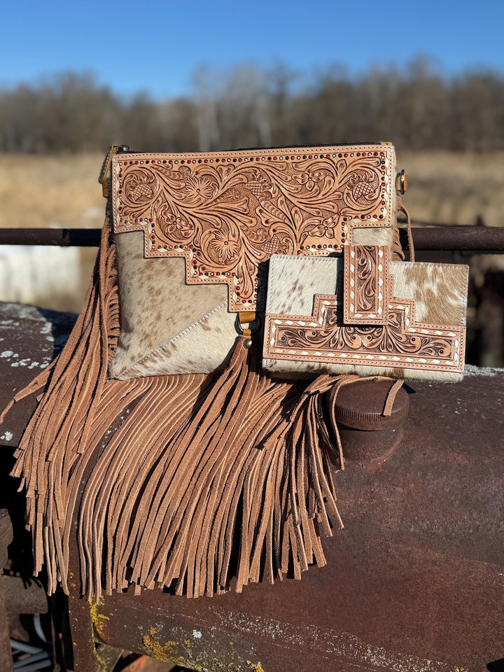 Genuine Western Tooled Leather & Cowhide Fringe Leather Purse and Wallet