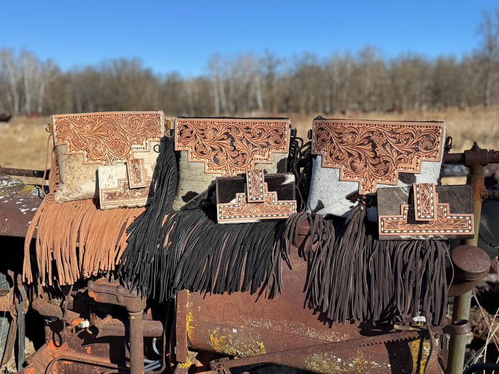 Genuine Western Tooled Leather & Cowhide Fringe Leather Purse and Wallet