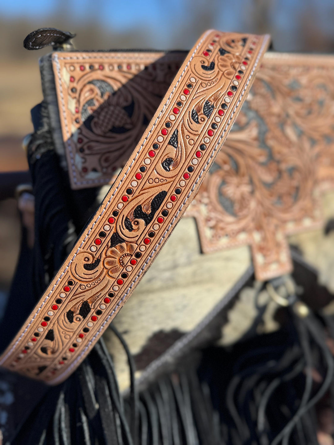 Genuine Western Tooled Leather & Cowhide Fringe Leather Purse and Wallet
