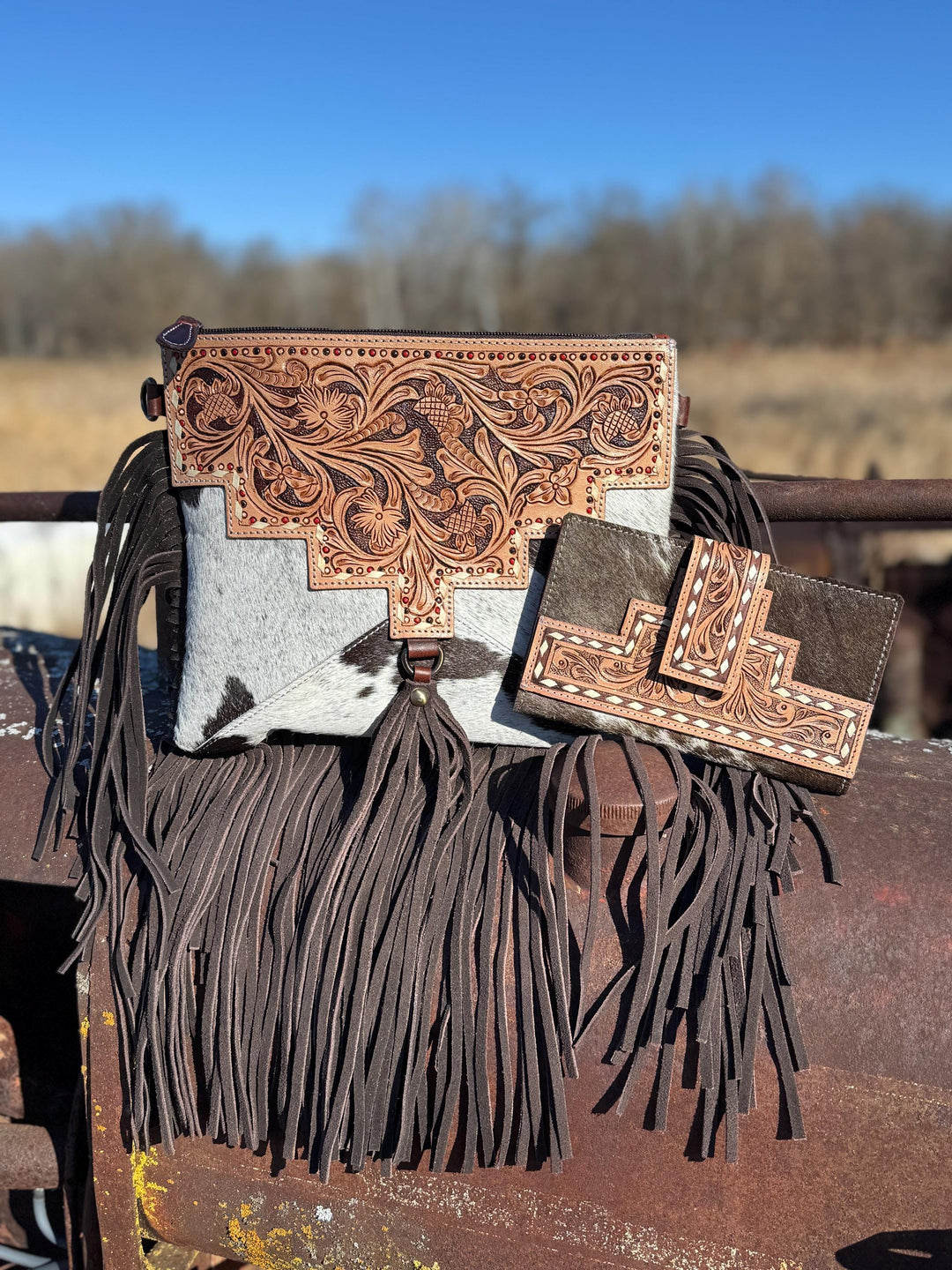 Genuine Western Tooled Leather & Cowhide Fringe Leather Purse and Wallet