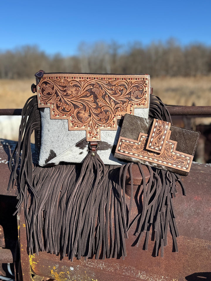 Genuine Western Tooled Leather & Cowhide Fringe Leather Purse and Wallet