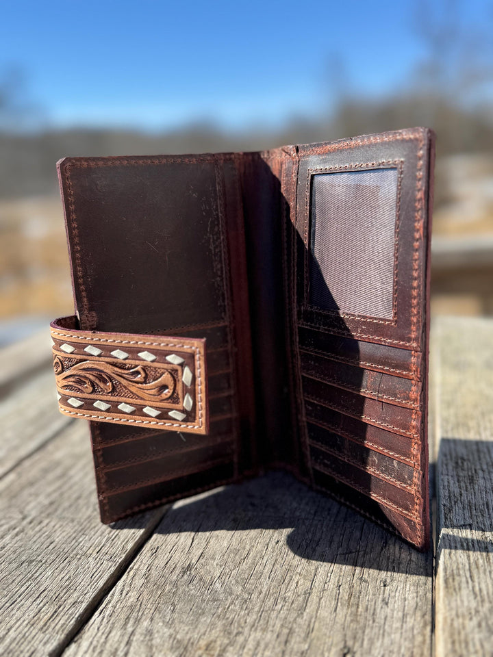 Genuine Western Tooled Leather & Cowhide Fringe Leather Purse and Wallet
