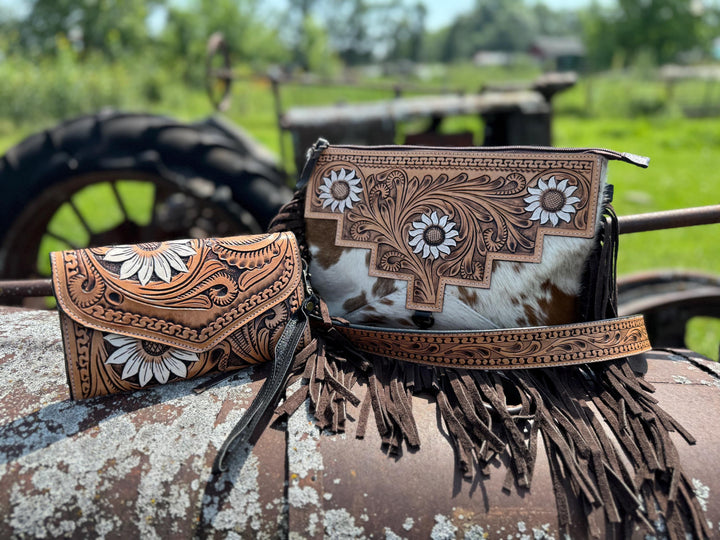 White Floral Genuine Western Cowhide Leather Purse and Clutch