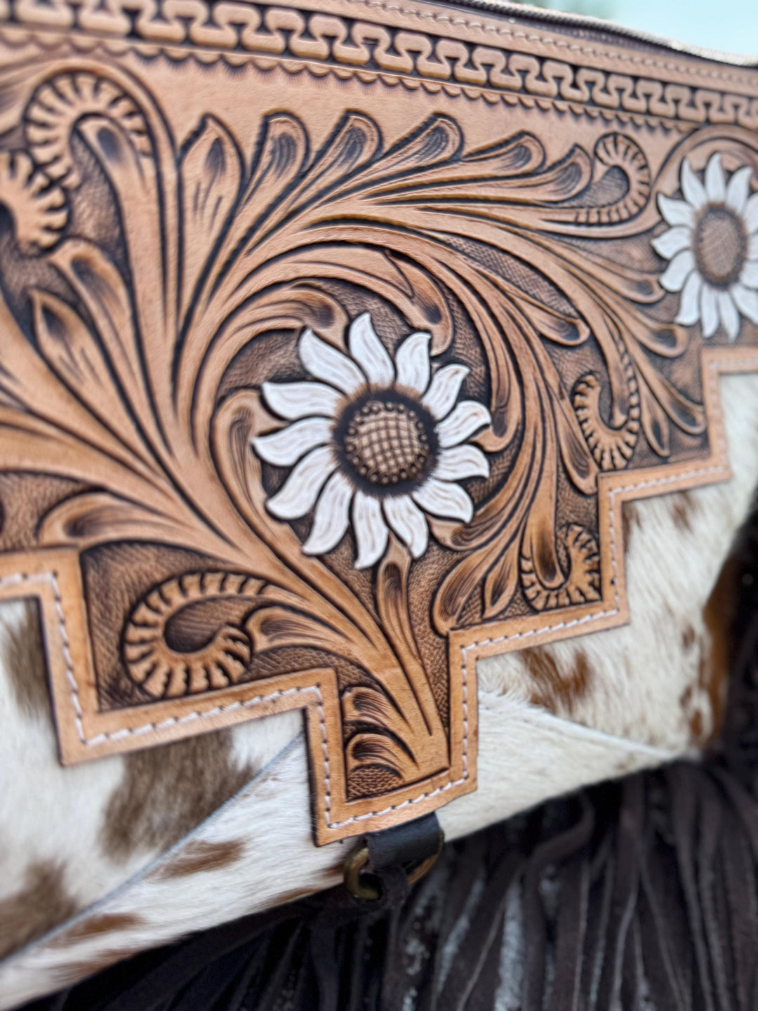 White Floral Genuine Western Cowhide Leather Purse and Clutch