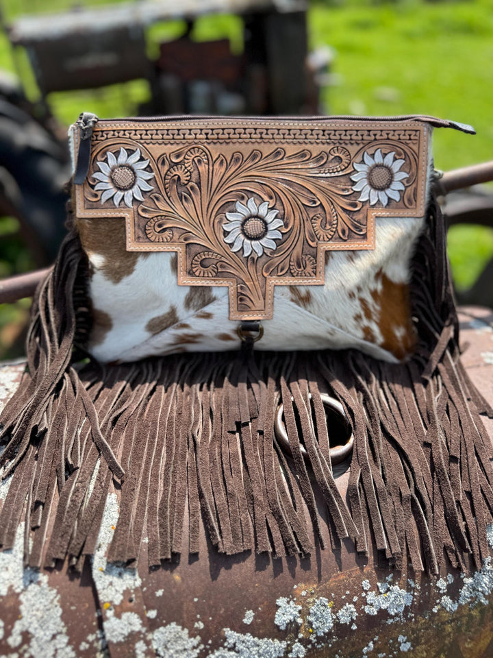 White Floral Genuine Western Cowhide Leather Purse and Clutch