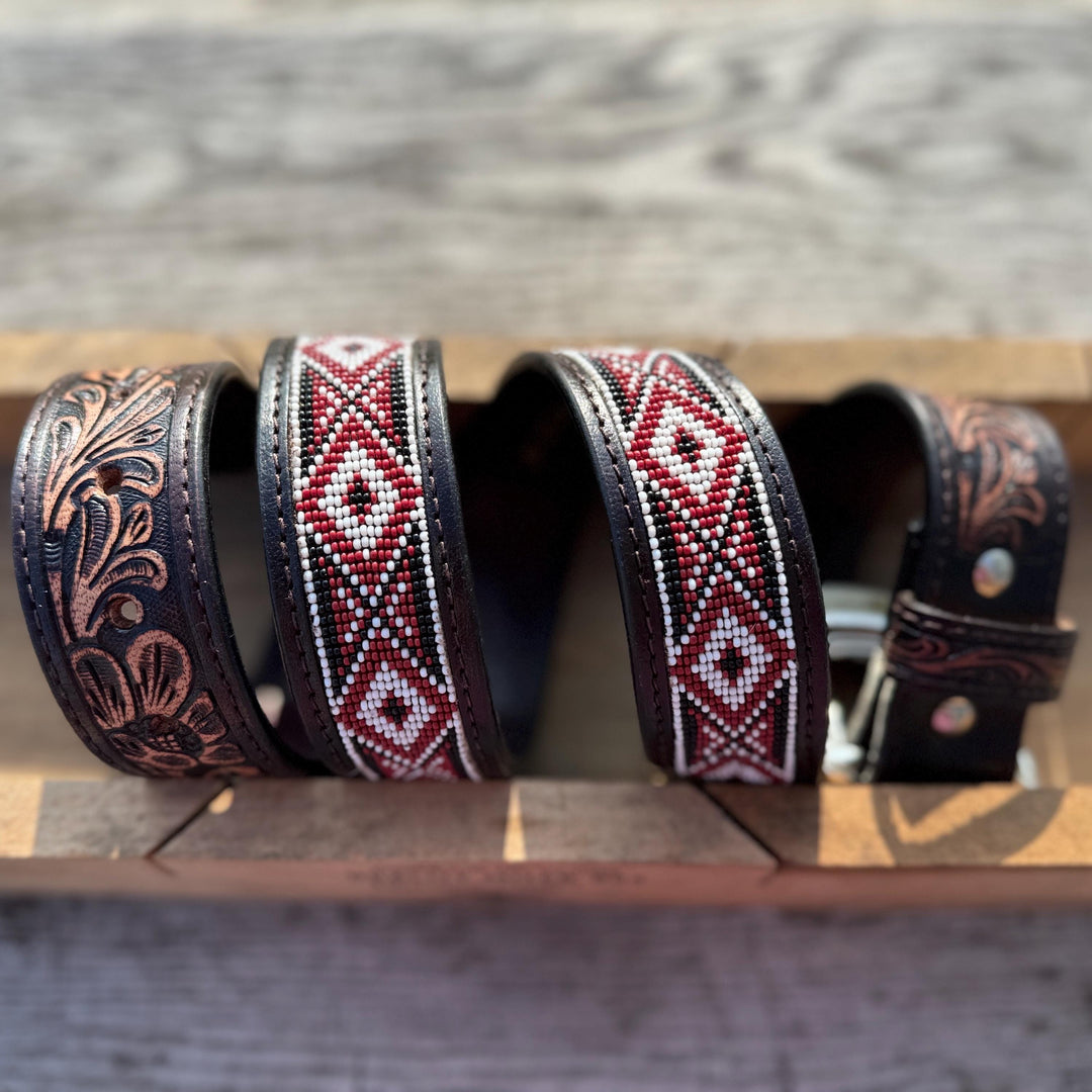 Genuine Leather Western Belt with Tooled and Seed Bead Details